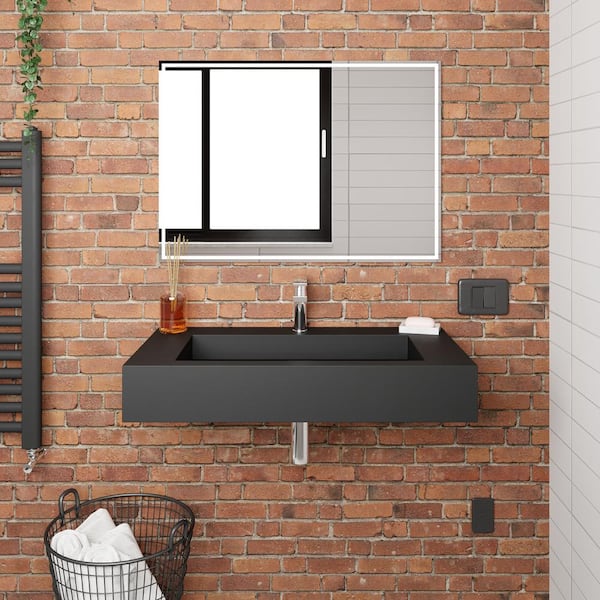 Pyramid 35.43 in. Wall Mount Solid Surface Single-Basin Rectangle Bathroom Sink in Matte Black