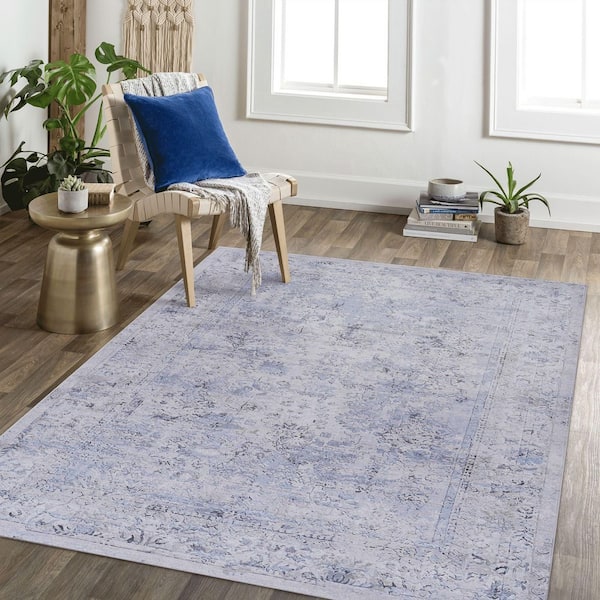 Naar Maval 5 ft. x 8 ft. Blue+Cream Washable Area Rug