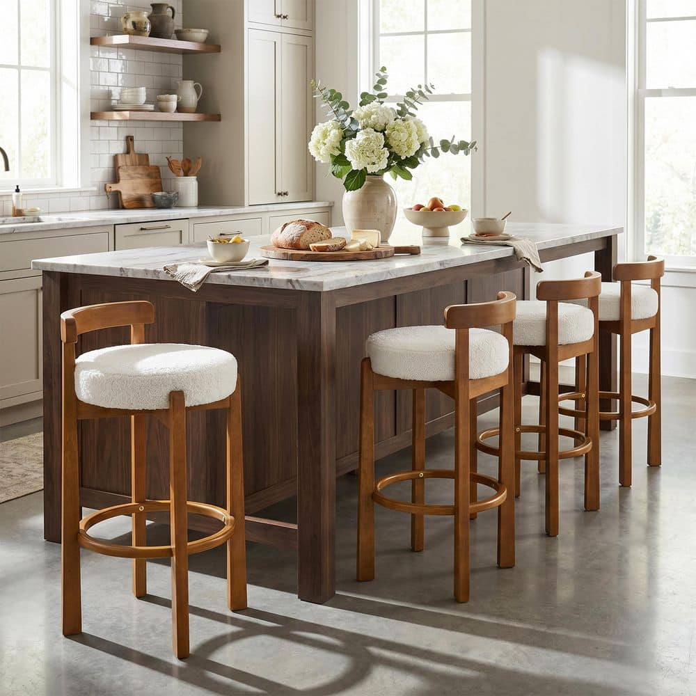 CHRISTOPHER KNIGHT HOME Ryan 30.6 in. H White Fabric Modern Upholstered Counter Barstools with Walnut Solid Wood Frame (Set of 4)