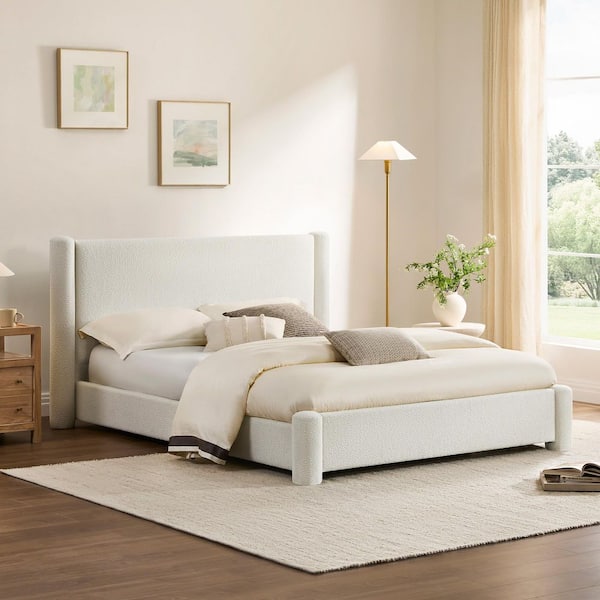 Nora White Rubberwood Frame Queen Platform Bed with Waterproof Upholstered Headboard and EVA foam for 8-10 in. Mattres