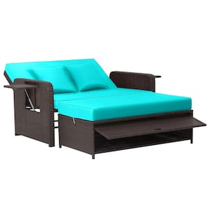 2 in-1-Function Wicker Outdoor Day Bed with Retractable Top Canopy Side Tables and Turquoise Cushions