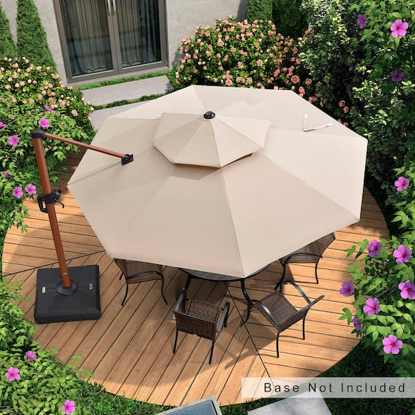 11 ft. Octagon All-aluminum 360° Rotation Wood pattern Cantilever Offset Outdoor Patio Umbrella in Beige