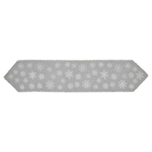 VHC BRANDS Yuletide 12 in. W x 60 in. L Dove Gray Silver Snowflake Cotton Burlap Table Runner