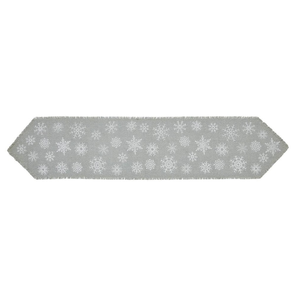 VHC BRANDS Yuletide 12 in. W x 60 in. L Dove Gray Silver Snowflake Cotton Burlap Table Runner