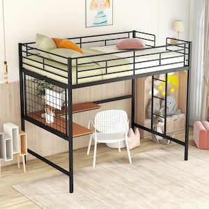 Black Full Size Metal Loft Bed with Desk and Metal Grid