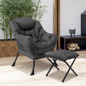 Grey Lazy Chair with Ottoman Modern Leisure Reading Chair with Pillow Armrests Side Pocket And Footrest