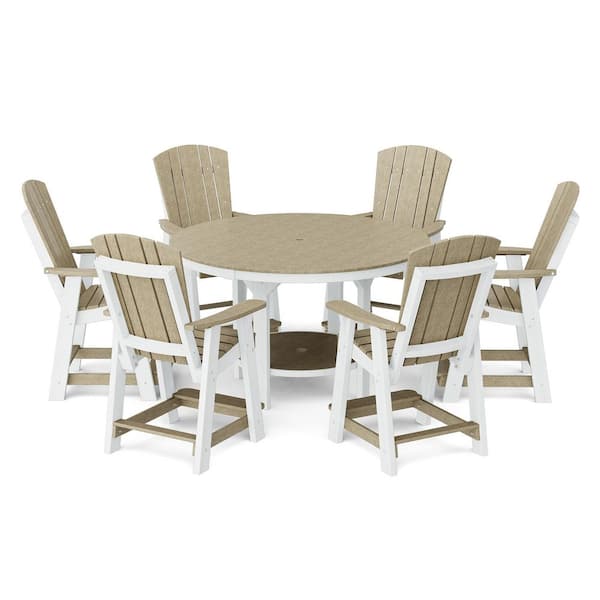Heritage 7-Piece Weathered Wood and White HDPE Plastic Outdoor Patio 60" Counter Set