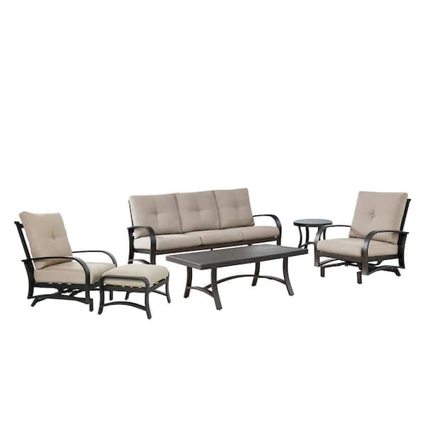 ULAX FURNITURE 6-Piece Aluminum Patio Conversation Set with Beige Sunbrella Cushions, 2-Rocking Chairs, Sofa, Ottoman, 2-Tables
