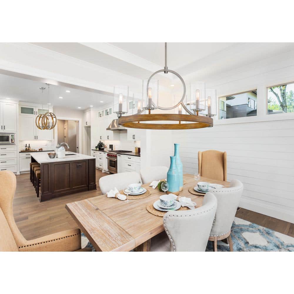 Sun Faded Wood and Brushed Nickel Transitional 4-Light LED Pendant
