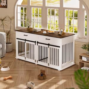 Wooden Dog House Furniture Dog Kennel Dog Crate Accent Storage Cabinet with 2-Drawers and Divider