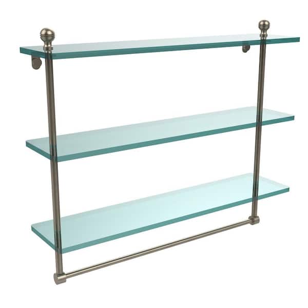 Mambo 22 in. L x 18 in. H x 5 in. W 3-Tier Clear Glass Bathroom Shelf with Towel Bar in Antique Pewter