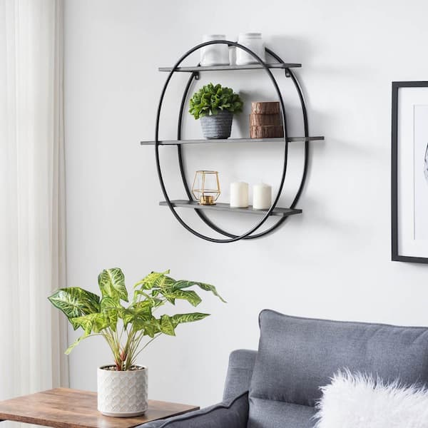 Unbranded Oval 5.5 in. x 23.75 in. x 24 in. Gray Wood and Iron Floating 3-Tier Decorative Wall Shelf