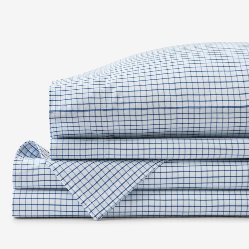 The Company Store Gingham Navy Organic Cotton Percale Twin XL Sheet Set, Blue