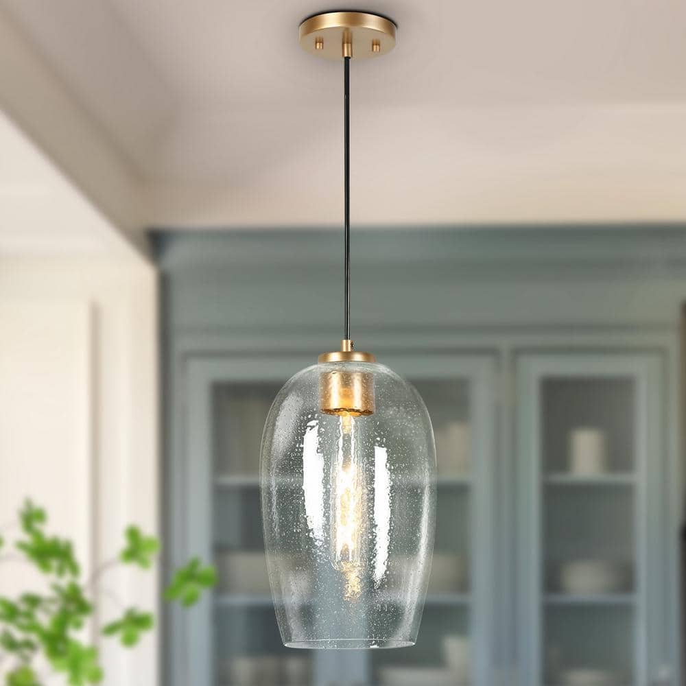 Modern 60-Watt 1-Light Satin Gold Oval Pendant Light with Seedy Glass Shade and No Bulbs Included price history on PriceWatchPro