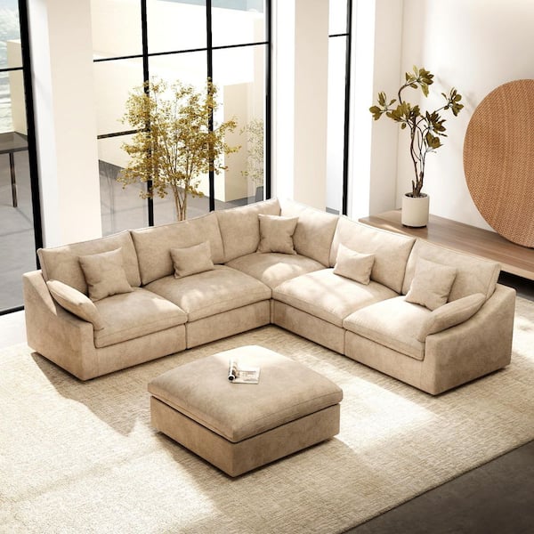 Modular Large 238 in. Flared Arm 6-Piece L-shaped Linen Cloud Couch Sectional Sofa in. Khaki with Ottoman