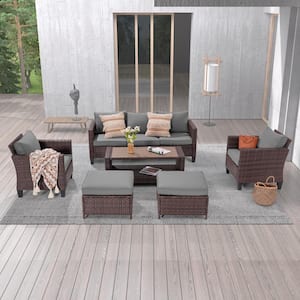 6-Piece Brown Wicker Outdoor Conversation Seating Sofa Set with Coffee Table, Gray Cushions