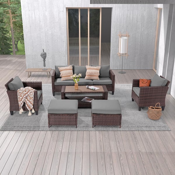 JOYESERY 6-Piece Brown Wicker Outdoor Conversation Seating Sofa Set with Coffee Table, Gray Cushions