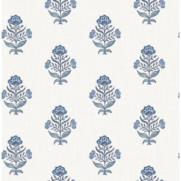 Chesapeake Hollyhock Blue Floral Crest Wallpaper Sample