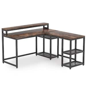 BYBLIGHT 55 in. L-shaped Brown Reversible Computer Desk with Shelves ...