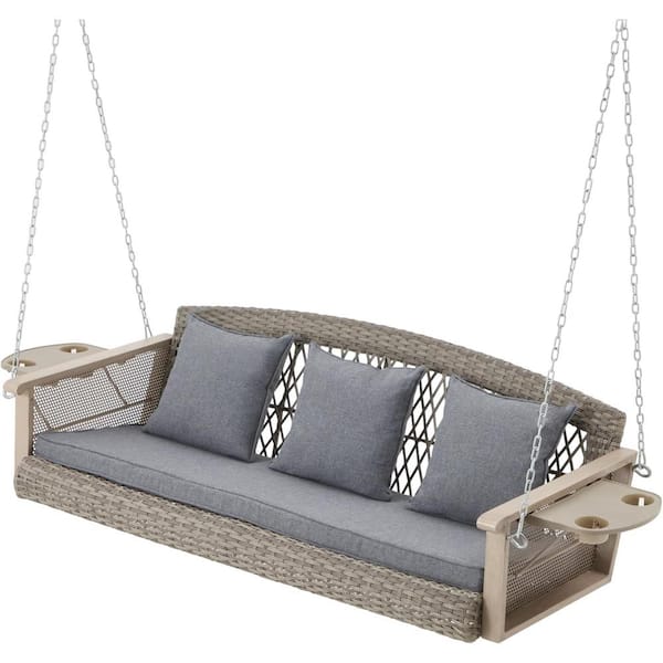 HOMMOW 3-Person Wicker Porch Swing with Upgraded Cup Holder, 55 Inch Patio Hanging Swing Bench Chair with Gray Cushions