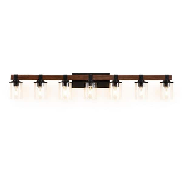 50 in. 7 Light Farmhouse Brown Bathroom Vanity Light with Clean Glass Shade