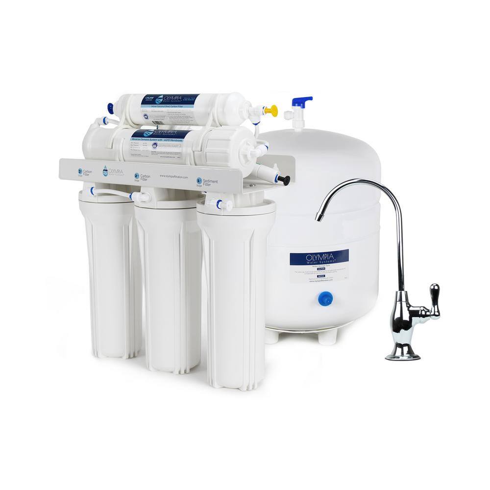 Olympia Water Systems 5-Stage Under-Sink Reverse Osmosis Water Filtration System with 50 GPD Membrane in Chrome, Coke Bottle Faucet, White