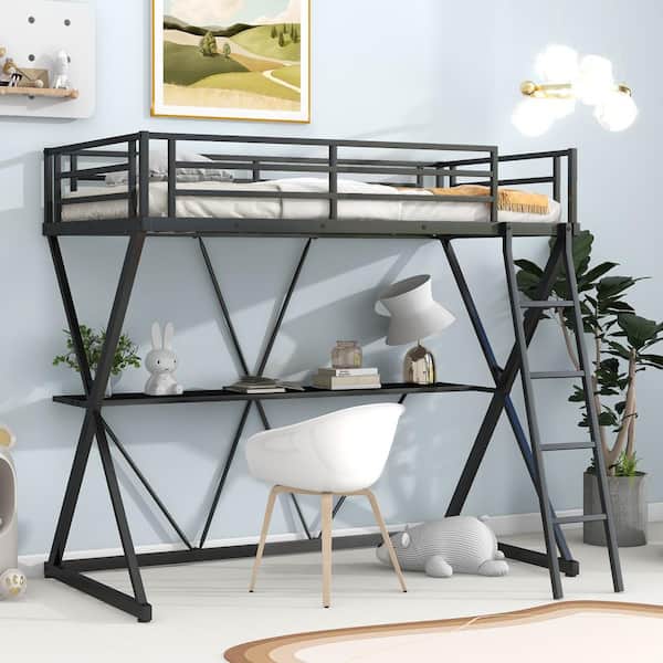 Qualler Hedy Sliver X-Shaped Frame Steel Twin Loft Bed with Desk and Ladder