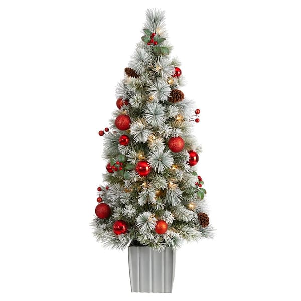 Nearly Natural 4 ft. Winter Flocked Artificial Christmas Tree Pre-Lit with 50 LED Lights and Ornaments in Decorative Planter