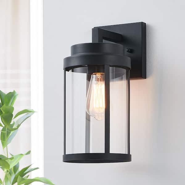 13.63 in. Painted Black Outdoor Wall Sconces Lantern with Glass Shades