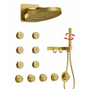 15-Spray 13 in. Wall Mount Dual Shower Head and Handheld Shower 2.5 GPM with 6-Jets in Brushed Gold (Valve Included)