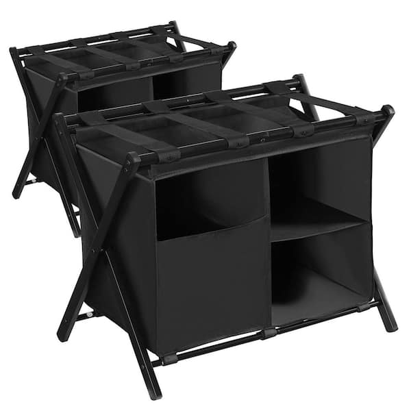 Numhew 2-Pack Black Luggage Rack with Laundry Bag, Folding Suitcase Stand with Storage Shelf for Bedroom and Hotel