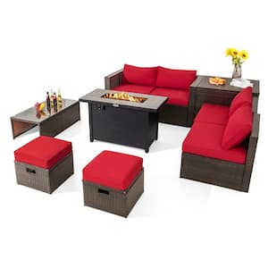 9-Piece PE Wicker Patio Conversation Set with Fire Pit Table Red Cushions Outdoor Space-Saving Sectional Sofa Set