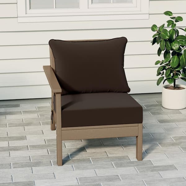 Birchwood Outdoor Patio Deep Seating Left Facing Arm HDPE Lounge Chair in Weathered Wood with Brown Cushions