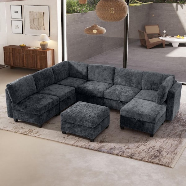 Claire 128 in. Square Arm 8-Piece Chenille Modular Convertible Sectional Sofa in. Dark Gray with Storage, 2 Ottomans