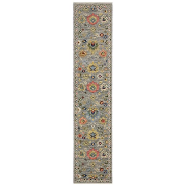 2 ft. x 12 ft. Gray, Yellow, Blue Oriental Washable Area Rug