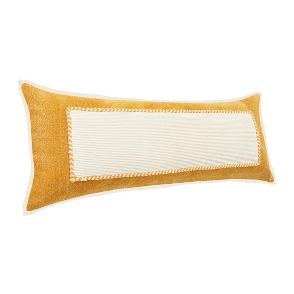 Mustard Yellow Grey White Striped Lumbar Pillows Linen Textured