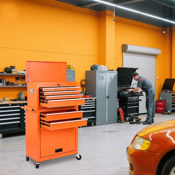 8-Drawer Orange Rolling Tool Storage Cabinet Lockable Tool Chest with Detachable Top Tool Box and Lockable Wheels