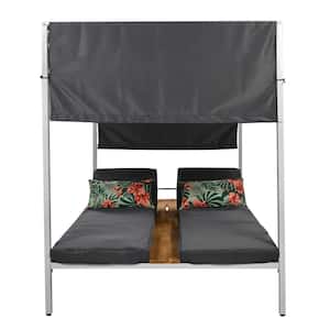 Metal Outdoor Patio Sunbed Day Bed with Gray Cushions and Curtains, Three-Position Adjustable Backrest