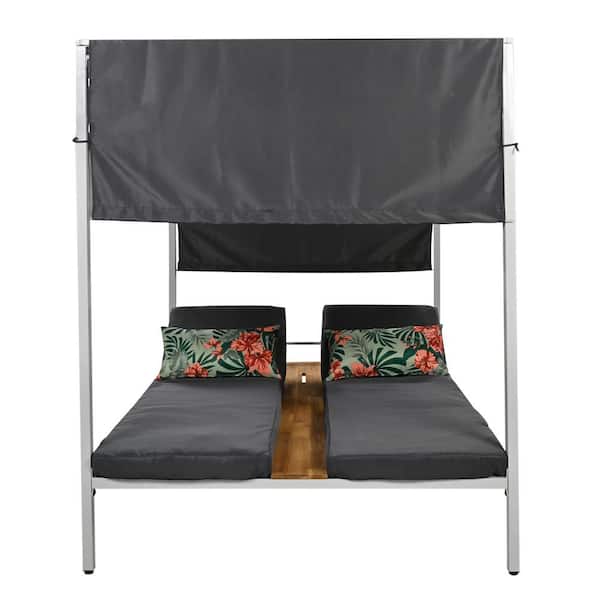 Sudzendf Metal Outdoor Patio Sunbed Day Bed with Gray Cushions and Curtains, Three-Position Adjustable Backrest
