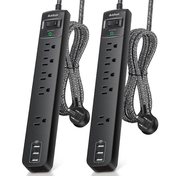 15 ft. Braided Cord 5-Outlet Wall Mount Power Strip Surge Protector in Black with USB Ports & Flat Plug (2-Pack)