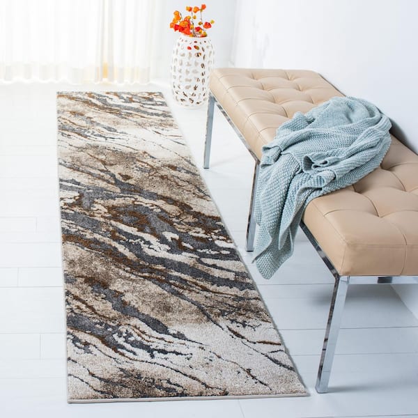 Pacific 2 ft. x 15 ft. Dark Gray/Beige Monochrome Marble Runner Rug