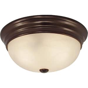 11 in. W x 4.50 in. H 2-Light Indoor Antique Bronze Flush Mount Ceiling Fixture with White Alabaster Glass Bowl