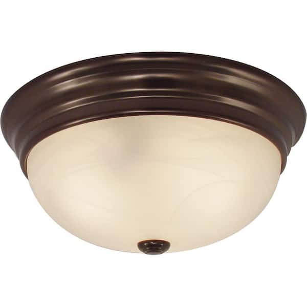 Volume Lighting 11 in. W x 4.50 in. H 2-Light Indoor Antique Bronze Flush Mount Ceiling Fixture with White Alabaster Glass Bowl