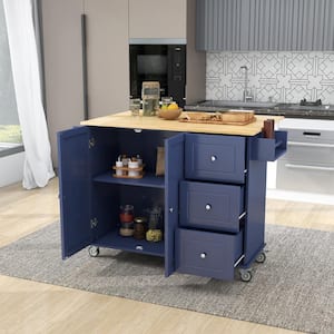 Blue Wood Top Material 52.76 in. Kitchen Island with Locking Wheels, Storage Cabinet and Drawers