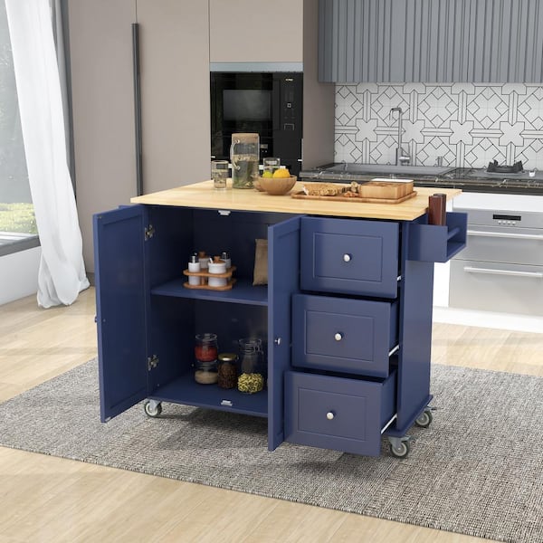 Blue Wood Top Material 52.76 in. Kitchen Island with Locking Wheels, Storage Cabinet and Drawers