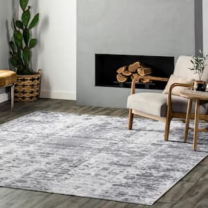 Alva Faded Abstract Machine Washable Light Gray 8 ft. x 10 ft. Area Rug