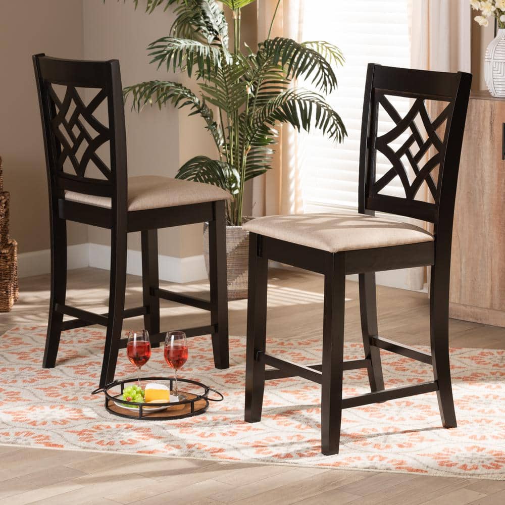 Nicolette Sand and Dark Brown Wood Counter Stool Set with Intricate Backrest Design