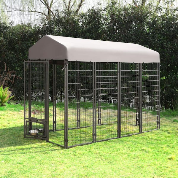 VEIKOUS 4 ft. x 8 ft. Dog Kennel Outdoor Dog Enclosure with Rotating Feeding Door, Stainless Bowls and Upgraded Polyester Roof