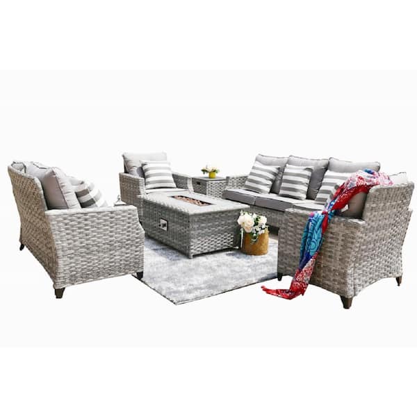 Ressam Gray Frame 6-Pieces Wicker Patio Conversation Fire pit Set With Gray Cushions