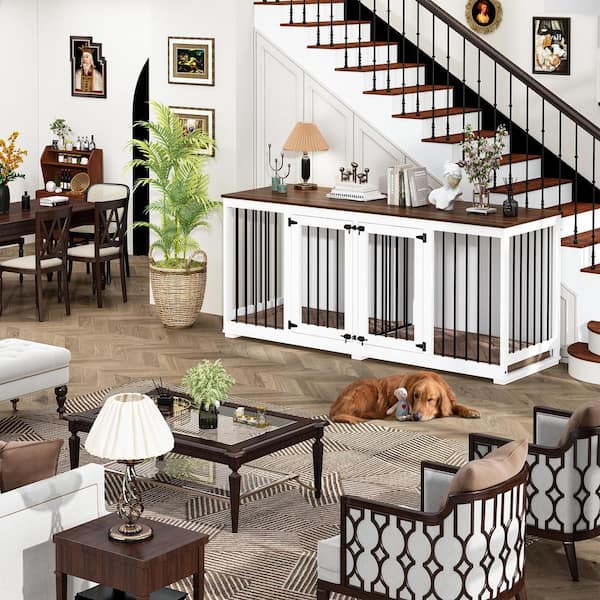 71 in. Large Dog Crate Furniture for 2 Dogs, Heavy-Duty Wooden Dog Kennel with Trays and Divider for Large Medium Dogs